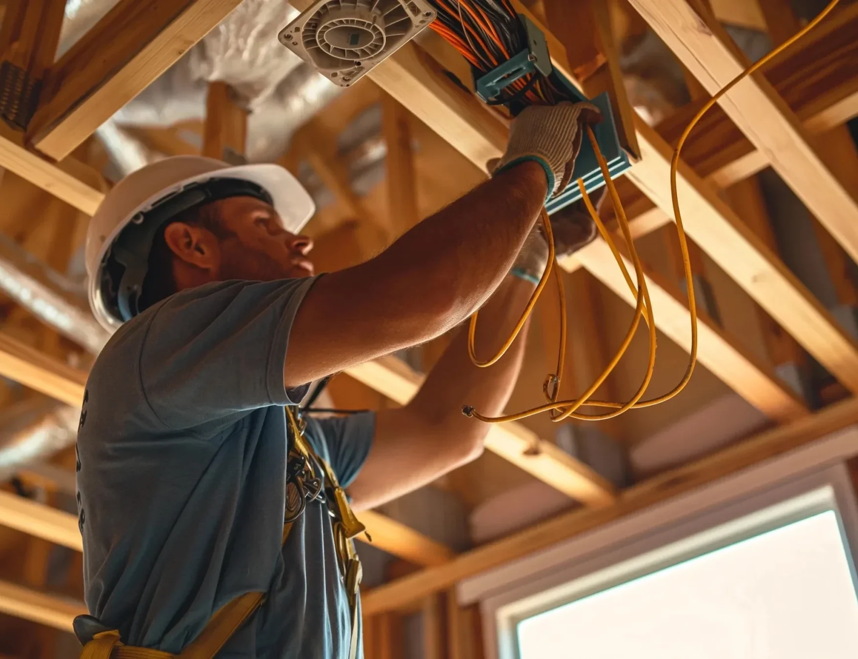 New construction electrical work, electrician wiring a new home construction